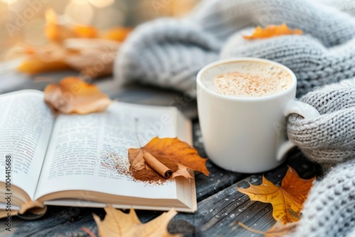 Cozy Autumn Afternoon With Warm Drink, Book, And Fallen Leaves