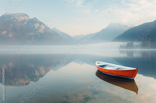 Rowboat on a Foggy Lake With Mountain Reflections