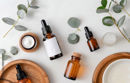 Essential Oil Bottles and Cream on Wooden Trays
