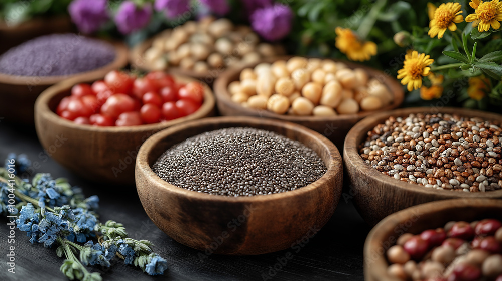 Fototapeta premium une photographie d'un repas de famille vu de haut ou l'on voit une table remplis de nourriture avec des graines de chia, il faut sue ce soit chic et lumineux