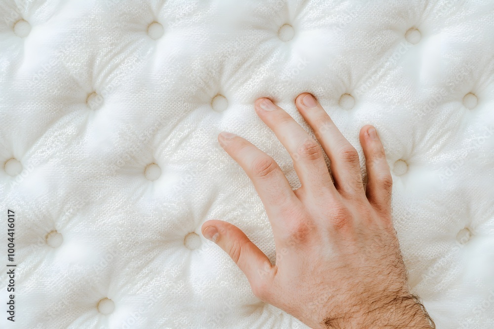 Close-up of a hand pushing down on a soft, cushioned mattress, quilted white texture, product testing for bedding comfort and firmness, good fingers, good hand Close-up of a hand pushing down on a soft, cushioned mattress, quilted white texture, product testing for bedding comfort and firmness, good fingers, good hand