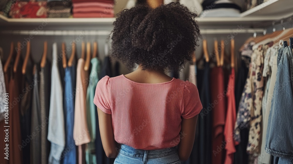 Woman with arms akimbo looking at her clothes in wardrobe Woman with arms akimbo looking at her clothes in wardrobe
