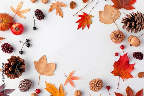 Autumn Leaves and Berries on White Background