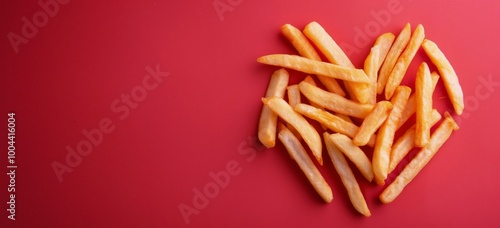 Heart-Shaped Arrangement of Crispy French Fries on Red Background