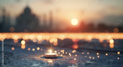 White Candle Lit at Dusk on a Calm Shore With Glowing Sunset Background