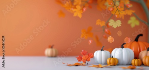 Autumn Decor With Colorful Pumpkins and Seasonal Leaves on Orange Background