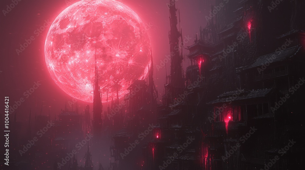 Obraz premium Eerie Chinese Village: Haunted by Ghostly Apparitions Under Blood-Red Moonlight