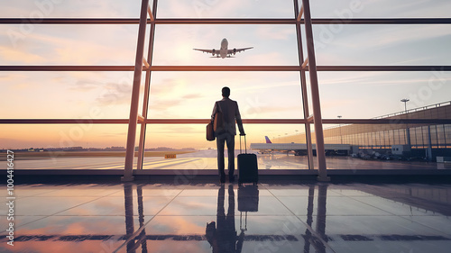 silhouette of a person at the airport watching a plane take off. travel by plane, passenger waiting in the airport, the silhouette of a passenger in the airport watching aircraft taking off.