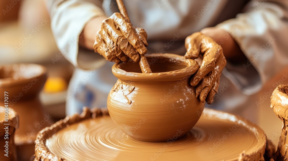 A potter skillfully shaping clay into a pot on a spinning wheel. A potter skillfully shaping clay into a pot on a spinning wheel.