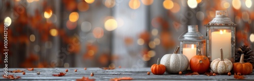 Autumn Table With Pumpkins and Lanterns