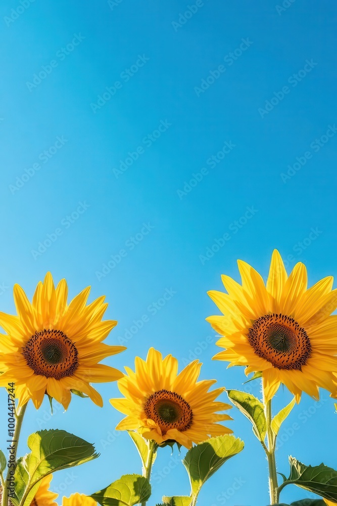 Obraz premium The stunning yellow sunflowers standing tall against a deep blue sky, with sunlight illuminating the petals Wideangle view, bright and cheerful atmosphere