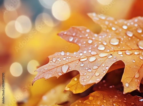 Autumn leaves covered in dew on a dark surface in a serene morning setting