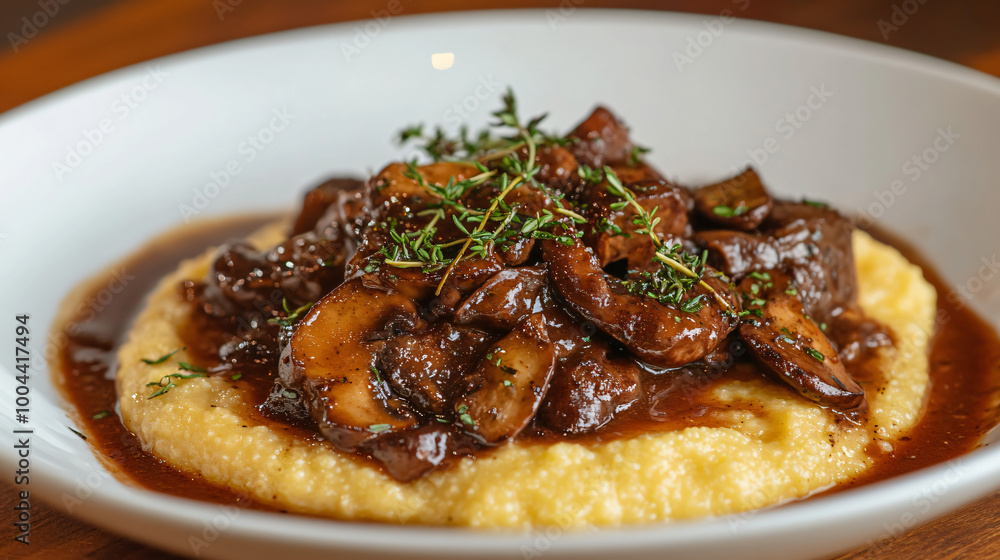 A savory polenta dish topped with sautéed mushrooms and herbs. A savory polenta dish topped with sautéed mushrooms and herbs.