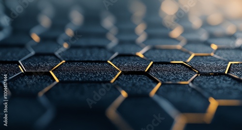 Hexagonal pattern of metallic mesh on a textured surface during golden hour