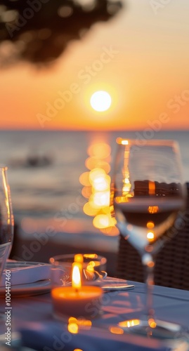 Romantic Sunset Dining Experience by the Beach With Wine Glasses and Candles