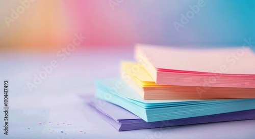 Colorful Stacked Sticky Notes on a Soft Purple Table With a Gradient Background