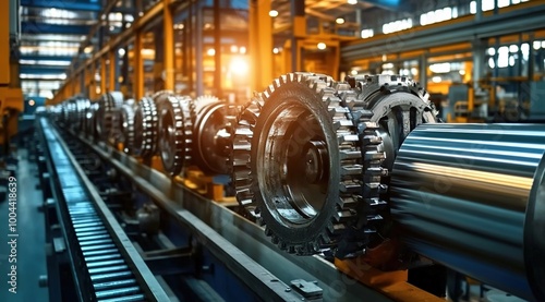 A factory production line with large gears and steel parts, representing the industrial theme of modern web design. 