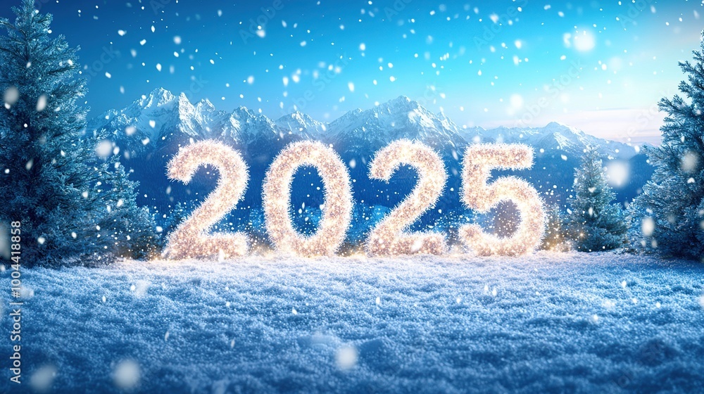 New Year 2025 celebration in a snowy landscape. New Year 2025 celebration in a snowy landscape.