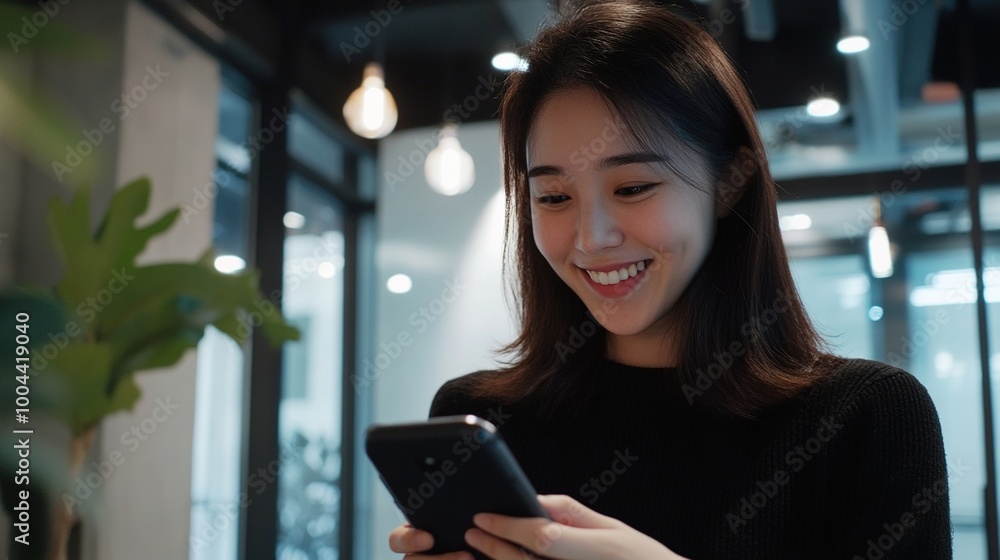 Happy Woman Using Smartphone in Modern Workspace Happy Woman Using Smartphone in Modern Workspace