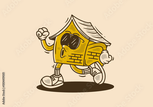 Walking house mascot character in vintage retro style