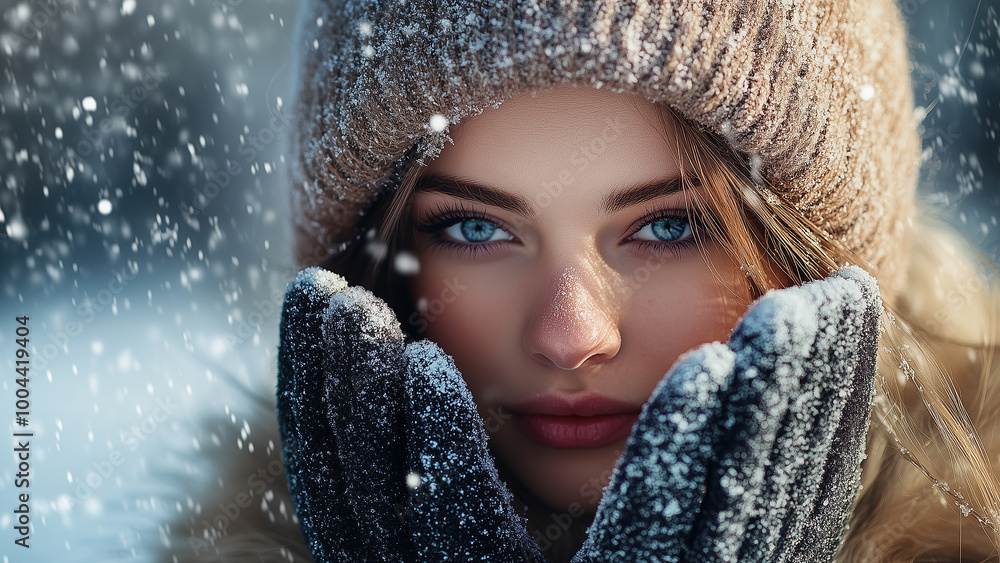 A close-up portrait of a woman dressed warmly in a winter outfit, with a head cap and glowing hands. For winter advancements and winter commercials. A close-up portrait of a woman dressed warmly in a winter outfit, with a head cap and glowing hands. For winter advancements and winter commercials.