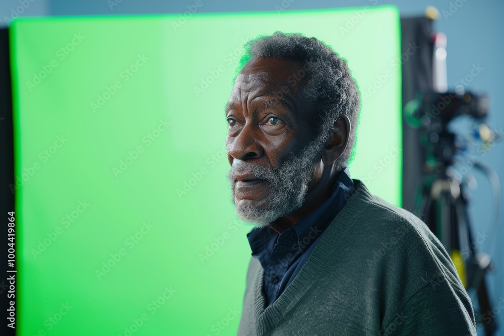 Device screen afro-american man in his 60s in front of a computer with a fully green screen Device screen afro-american man in his 60s in front of a computer with a fully green screen