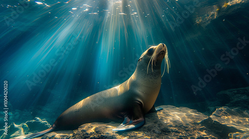 Beautiful shot of a sea lion seal enjoying the rays of the sun in baja California photo