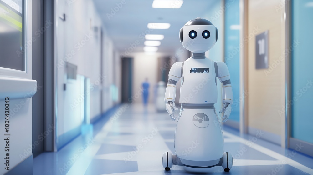 robotic nurse moving through hospital corridor robotic nurse moving through hospital corridor