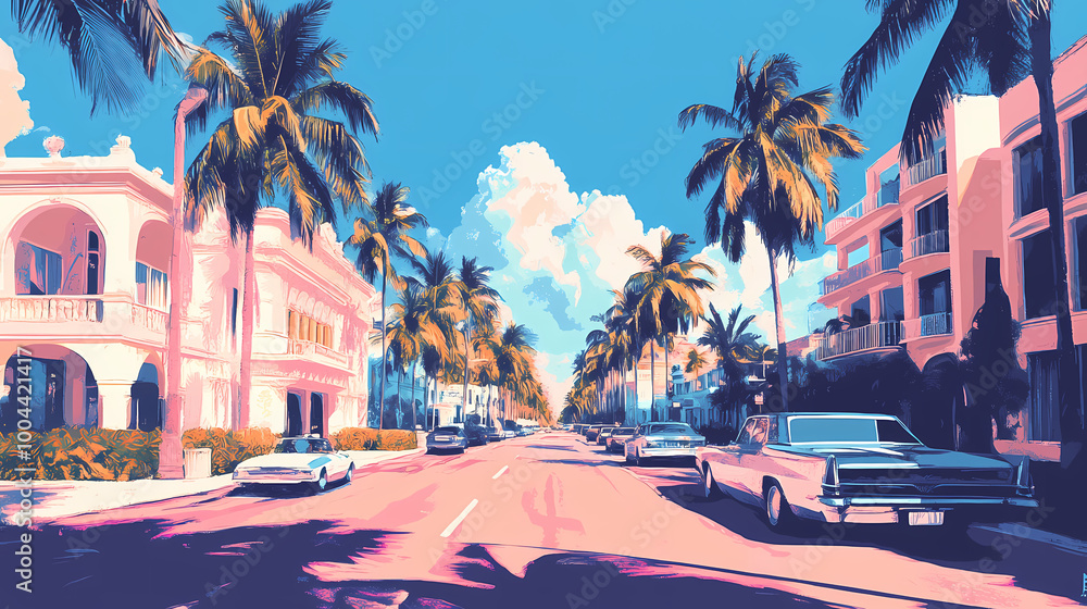 Obraz premium Illustrator art miami street. generative ai. Deco Art. Illustration