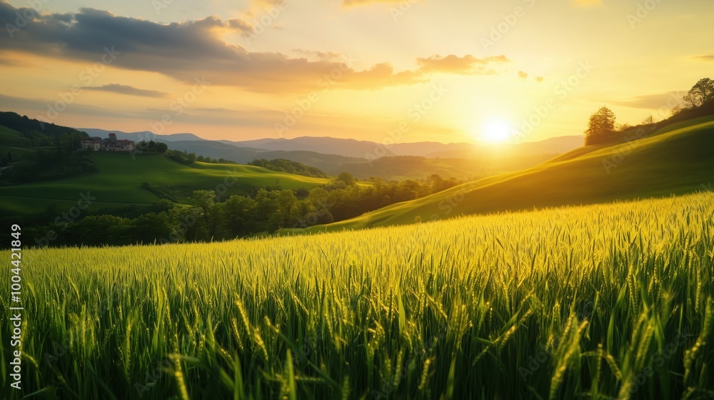 scenic view of green fields under golden sunset light with rolling hills and blue sky scenic view of green fields under golden sunset light with rolling hills and blue sky
