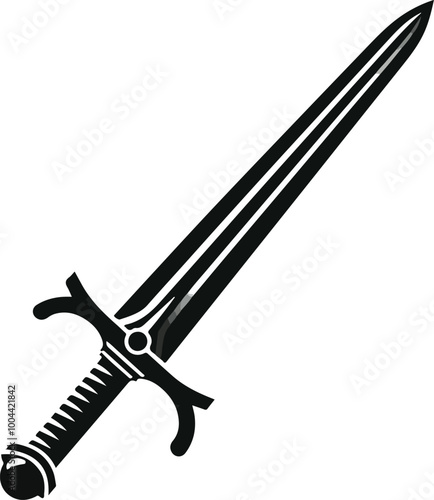 Swords in flat style and silhouettes isolated on white background. Icon set of ancient swords. Vector illustration. Medieval swords. Japanese sword katana. Military sword ancient weapon design