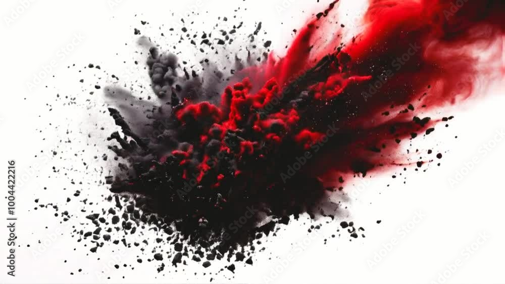 A vibrant explosion of red and black powder against a white background, showcasing dynamic motion. A vibrant explosion of red and black powder against a white background, showcasing dynamic motion.