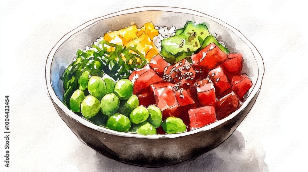 Un vibrante poke bowl con cubos de atún rojo, edamame, pepino y mango. Un plato saludable y colorido que combina ingredientes frescos y nutritivos. Un vibrante poke bowl con cubos de atún rojo, edamame, pepino y mango. Un plato saludable y colorido que combina ingredientes frescos y nutritivos.