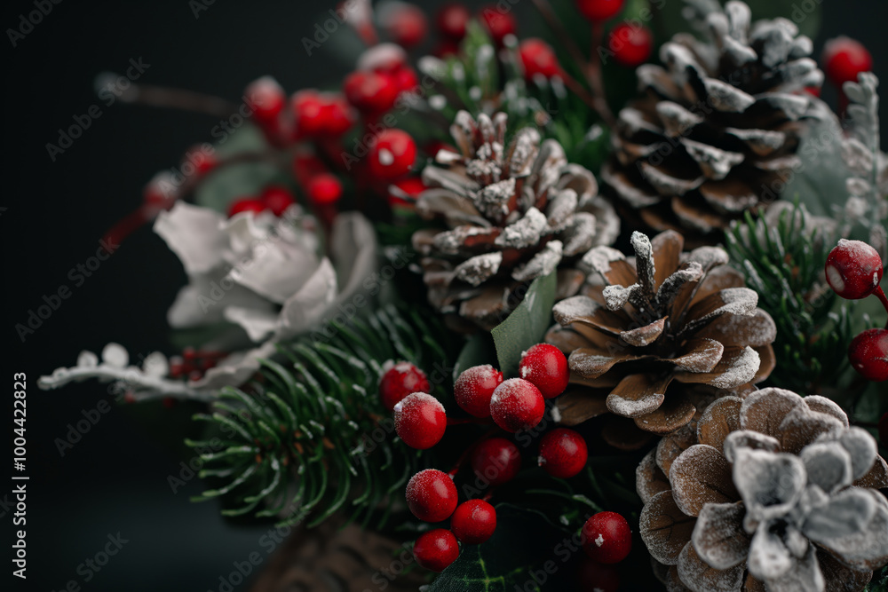 Festive Christmas Arrangement with Pine Cones and Red Berries in Winter Decor Festive Christmas Arrangement with Pine Cones and Red Berries in Winter Decor
