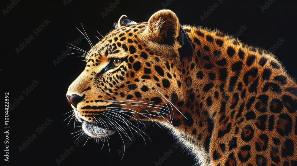 Obraz premium Majestic leopard in a dramatic black background, highlighting the elegance and power of this wild animal in stunning detail