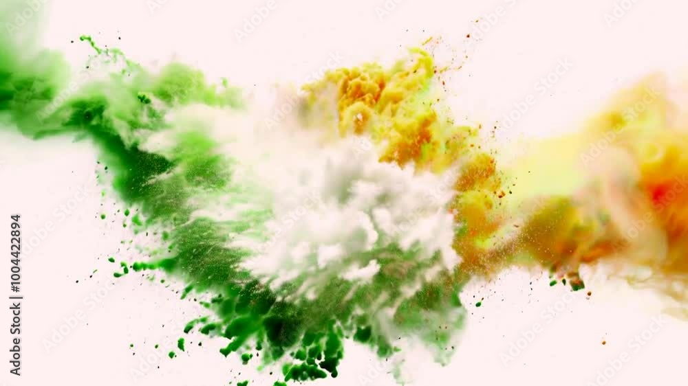 A vibrant explosion of colors representing the Indian flag with green, white, and orange hues. A vibrant explosion of colors representing the Indian flag with green, white, and orange hues.
