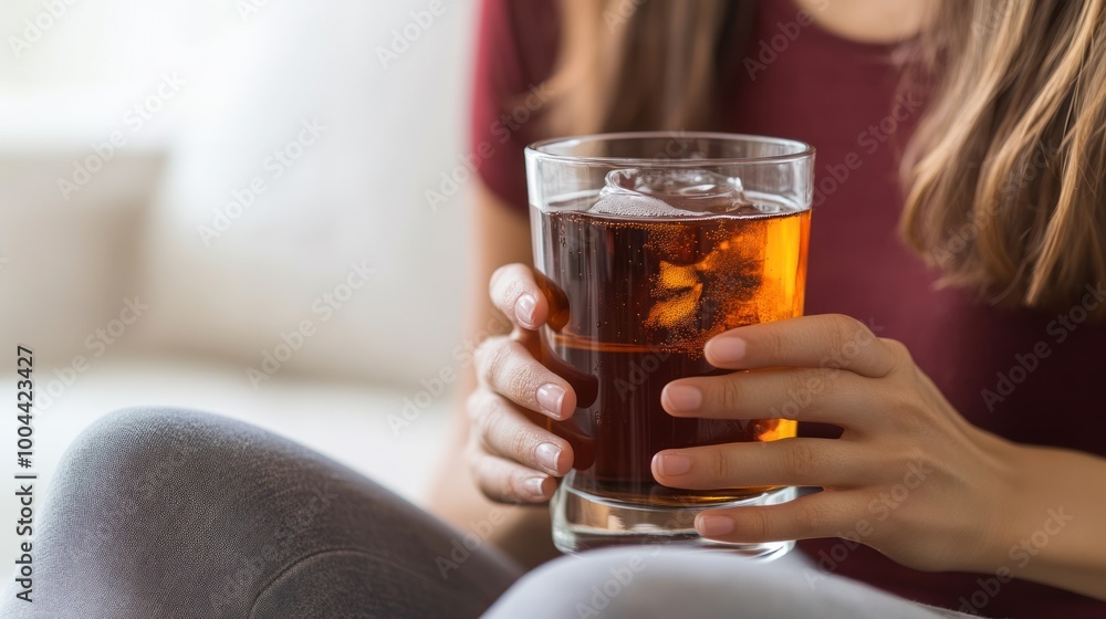 A person holds a glass of iced beverage, suggesting relaxation and leisure. A person holds a glass of iced beverage, suggesting relaxation and leisure.