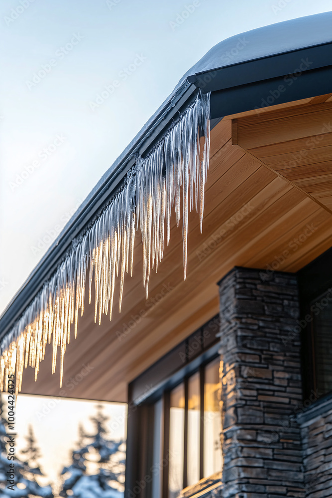 Fototapeta premium Icicles hang from the roof of a modern house