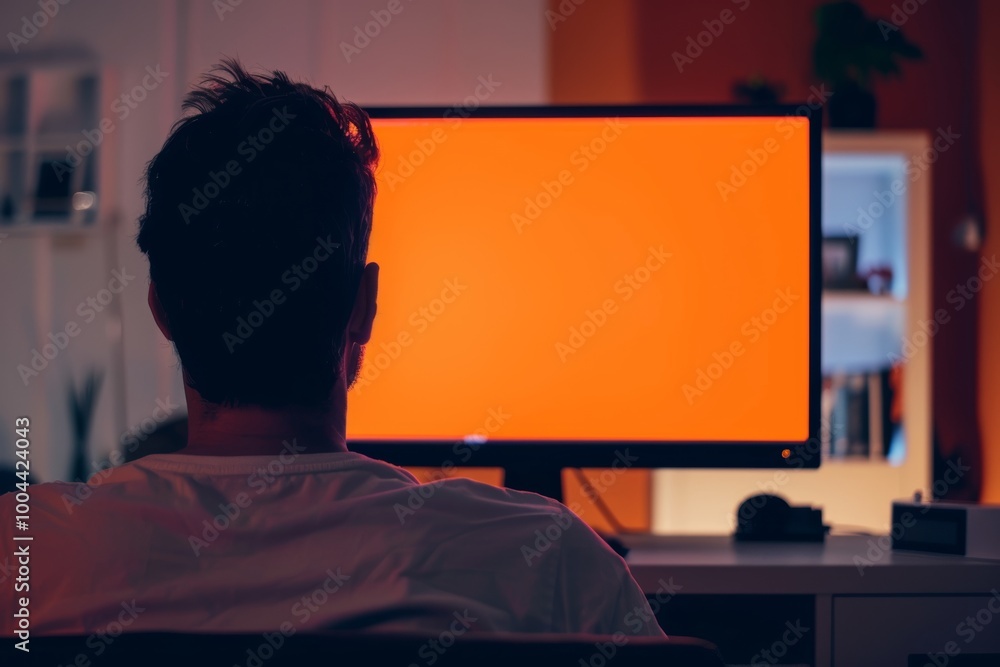 Screen display caucasian man in his 30s in front of a computer with an entirely orange screen Screen display caucasian man in his 30s in front of a computer with an entirely orange screen