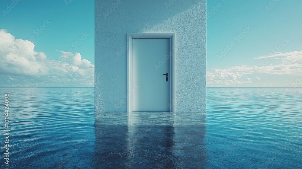 A door beautifully reflects in the still blue water, creating a fascinating reflection. The simple design combined with small waves in the water creates a calm and contemplative mood. A door beautifully reflects in the still blue water, creating a fascinating reflection. The simple design combined with small waves in the water creates a calm and contemplative mood.