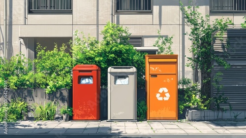 Tres contenedores de reciclaje de colores rojo, gris y naranja se alinean en una calle urbana, rodeados de vegetación. La escena refleja la integración del reciclaje en la vida cotidiana y la importan photo