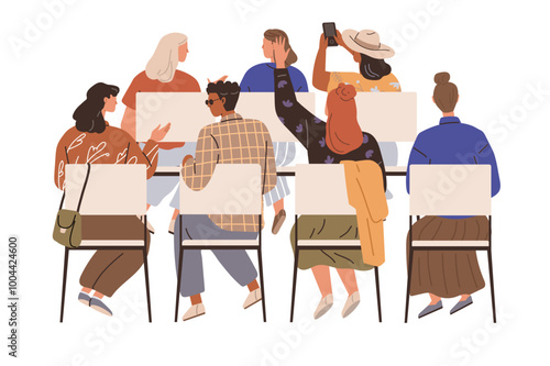 A diverse group of people seated on chairs, seen from the back, engaged in various activities such as talking and taking photos. Ideal for events, community gatherings, conferences, social