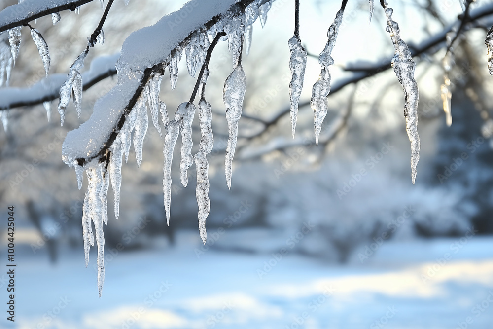 Obraz premium Icicles hang from tree branches