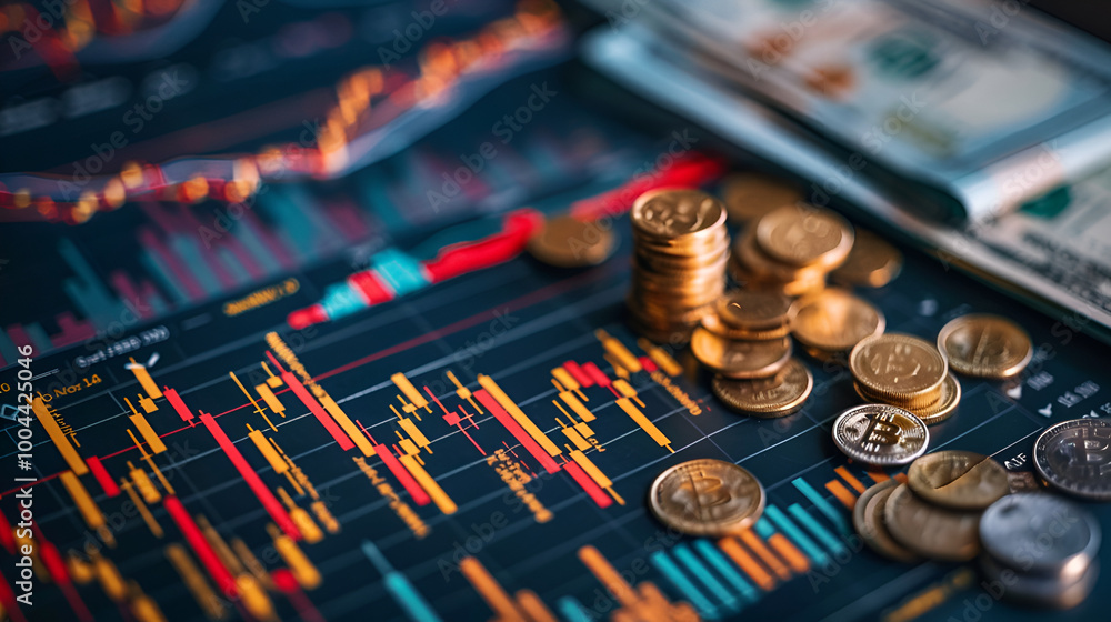 Stack of money coin with trading graph, financial investment ,Coins on tablet computer with diagram of exchange rate Stack of money coin with trading graph, financial investment ,Coins on tablet computer with diagram of exchange rate