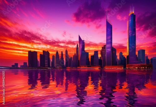 stunning city skyline vibrant sunset reflections creating dynamic visual display colors shapes, architecture, buildings, urban, horizon, lights