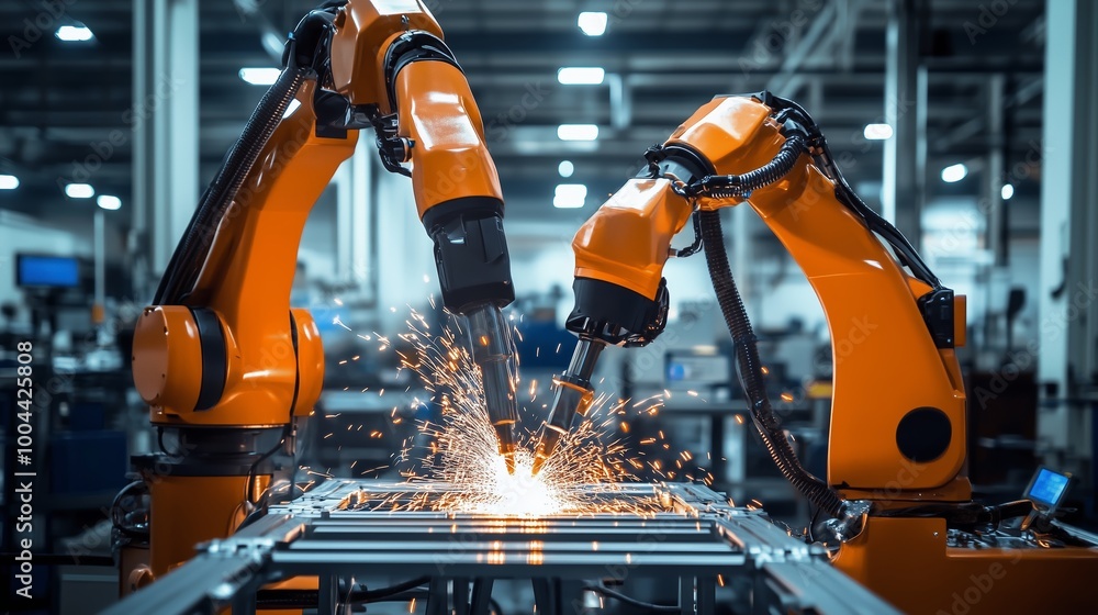 Automated robotic arms performing welding in an industrial facility during the day Automated robotic arms performing welding in an industrial facility during the day