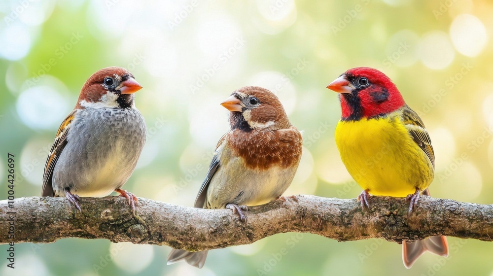 Three colorful birds perched on a branch in nature Three colorful birds perched on a branch in nature