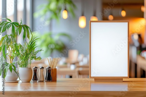 Empty digital menu board in a minimalist sushi bar, Sushi Bar Menu Mock-up, Clean, contemporary dining space photo