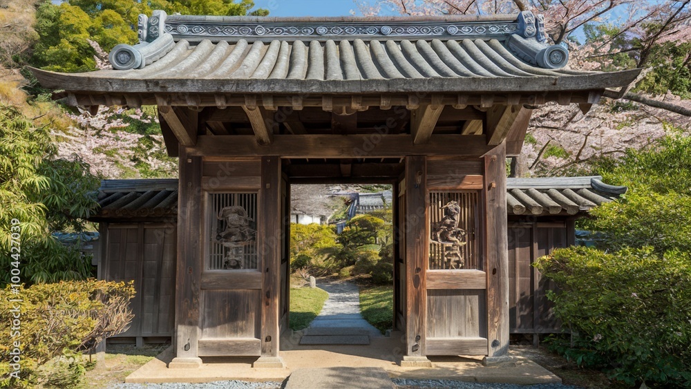 Traditional Japanese Garden Gate with Cherry Blossoms Traditional Japanese Garden Gate with Cherry Blossoms