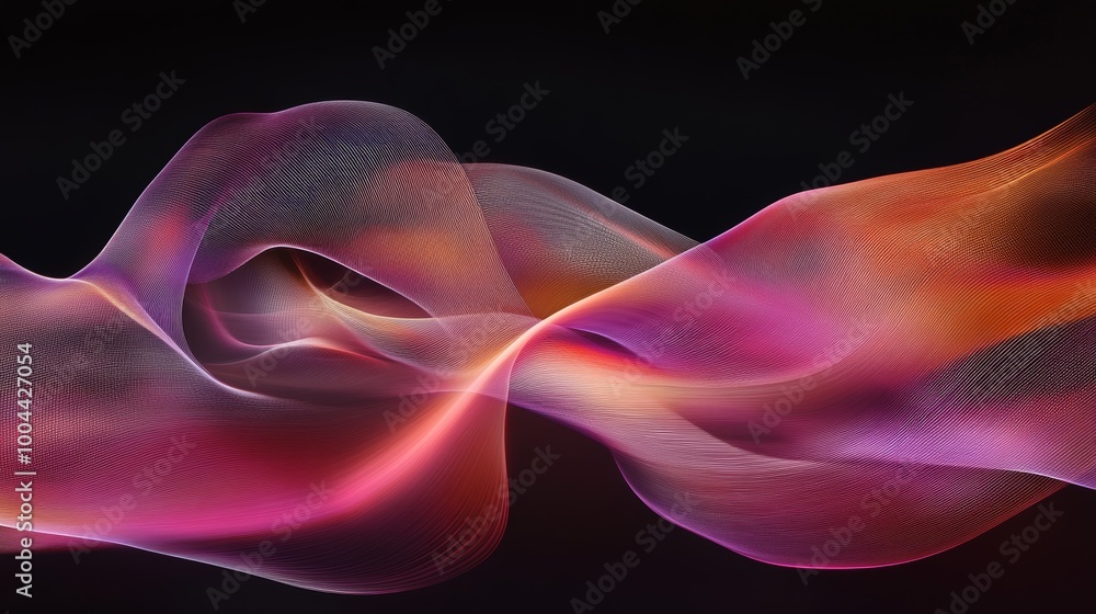 Fototapeta premium Ondas abstractas de colores rosados y púrpuras que fluyen suavemente sobre un fondo oscuro, creando un efecto etéreo y dinámico.